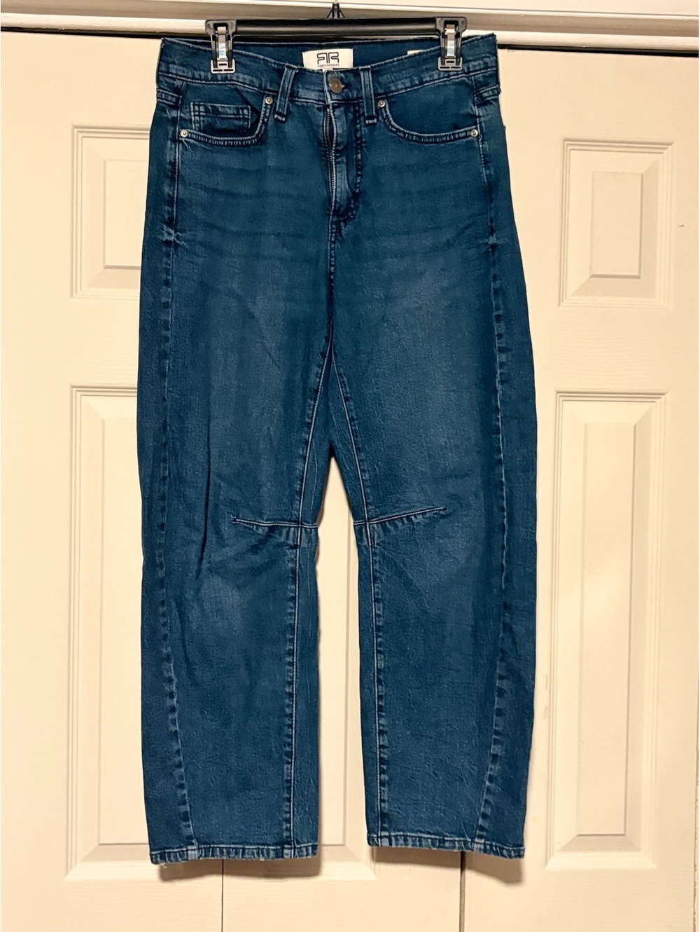 Robert Rodriguez Barrel Leg Jeans Women 4 Dark Wash Horseshoe Curved Seam Denim